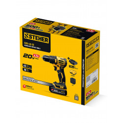 CBS-45-22 бесщеточная ударная дрель-шуруповерт STEHER 20 В, 45 Н·м, 2 АКБ LMS (2 А·ч), сумка