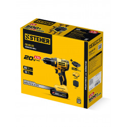 CB-65-22 бесщеточная дрель-шуруповерт STEHER 20 В, 65 Н·м, 2 АКБ LMS (2 А·ч), сумка