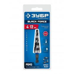 29671-4-12-9 Сверло ступенчатое ЗУБР BLACK FORCE 4-12мм, 9 ступеней, винтовая проточка, ПРОФЕССИОНАЛ