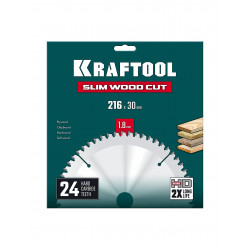 36955-216-30-24 Диск пильный по дереву KRAFTOOL Slim wood cut 216 х 30 x 1.8 мм, 24Т