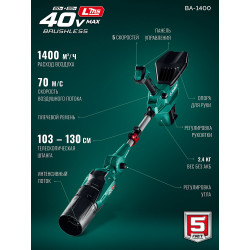 Воздуходувка аккумуляторная ВА-1400 ЗУБР 40 В (2x20В), 1400 м3/ч, без АКБ (LMS)