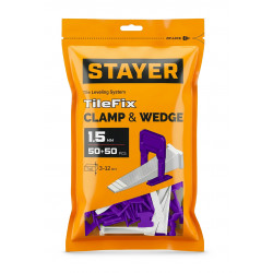 33842-H50 STAYER СВП TileFix, комплект: 1,5 мм, зажим + клин, 50 + 50 шт, система выравнивания плитки ″ворота″ (33842-H50)