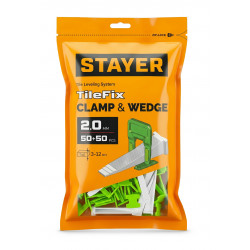 33843-H50 STAYER СВП TileFix, комплект: 2,0 мм, зажим + клин, 50 + 50 шт, система выравнивания плитки ″ворота″ (33843-H50)